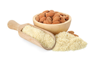 Pile of fresh almond flour, scoop and bowl with nuts isolated on white