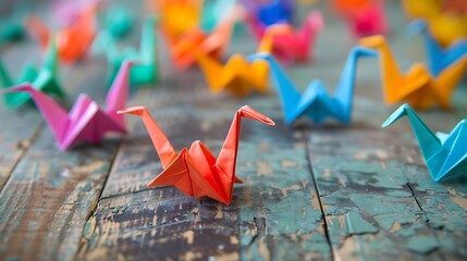 Colorful many origami paper cranes on wooden background - Powered by Adobe