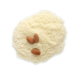 Pile of fresh almond flour and nuts isolated on white, above view