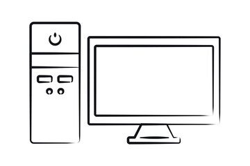 Sketch Computer block and monitor isolated. Power button and screen. Contour technologies. Desktop display. Linear office equipment. Pencil drawing of object on white background. Vector illustration