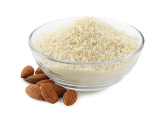 Fresh almond flour in bowl and nuts isolated on white
