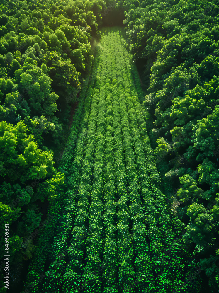 Poster a green field with trees in the background
