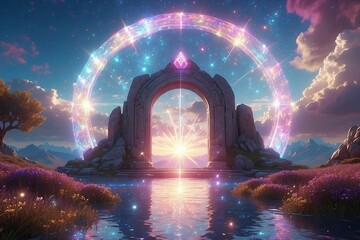 Amazing fantasy landscape with colorful shining portal with sacred symbols, surrounded by mounatins and river