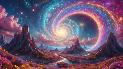 Fantasy landscape with psychedelic bright colorful sky and galaxies moving in spiral above beautiful nature with mountains and river, horizontal background