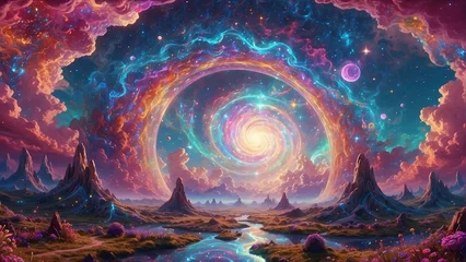 Fotobehang Fantasy landscape with psychedelic bright colorful sky and galaxies moving in spiral above beautiful nature with mountains and river, horizontal background © Maria