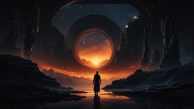 Fantasy scene with a silhouette of a person walking in the mysterious landscape at night with full moon