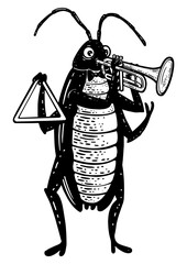 Cartoon cockroach orchestra playing the trumpet sketch engraving PNG illustration. T-shirt apparel print design. Scratch board imitation. Black and white hand drawn image.