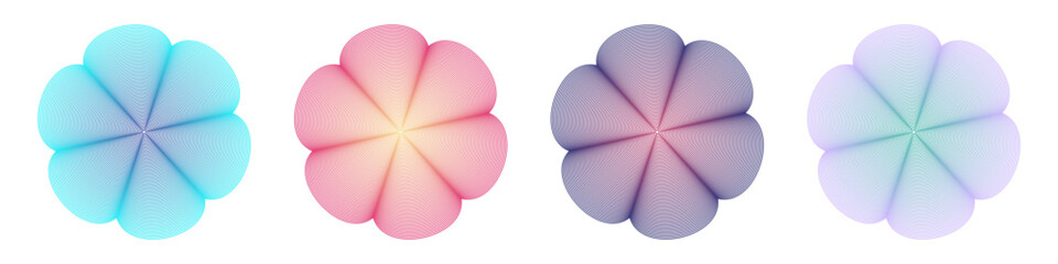Set of smooth linear Flowers with gradient flowers. Wave. Design of abstract contour elements. Collection of symmetrical hexfoils. Daisy shape. Six-leaved leaves, petals. Isolated. Vector illustration