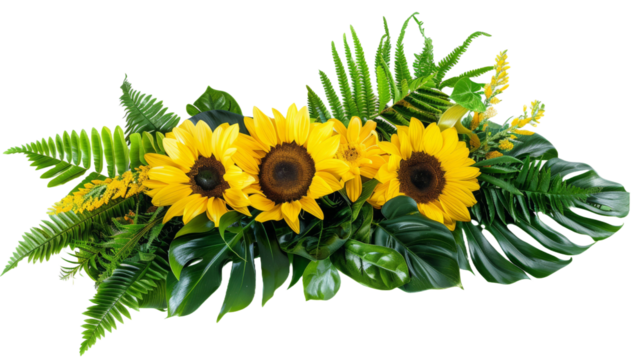 Yellow sunflowers, berries and green grass and leavesin a summer arrangement isolated on white or transparent background.png
