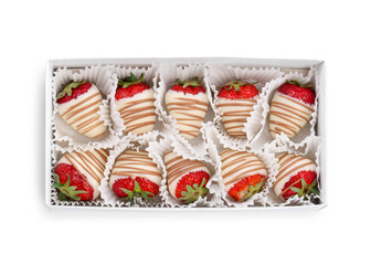 Box with delicious chocolate covered strawberries isolated on white, top view