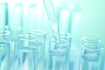 Dripping liquid from pipette into test tube on turquoise background, closeup