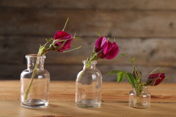 Beautiful roses in glass bottles on wooden table