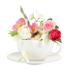 Aromatic herbal tea in cup with different flowers isolated on white