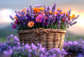 A basket full of flowers with purple and orange flowers