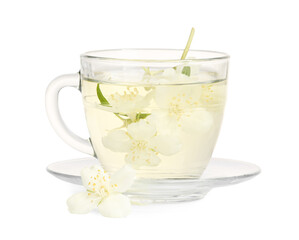 Aromatic herbal tea in glass cup and jasmine flowers isolated on white