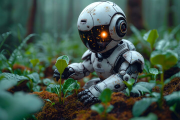 A robot is in a forest, digging up a plant