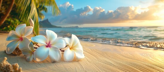 White sandy beach with Plumeria flowers set against a tropical backdrop