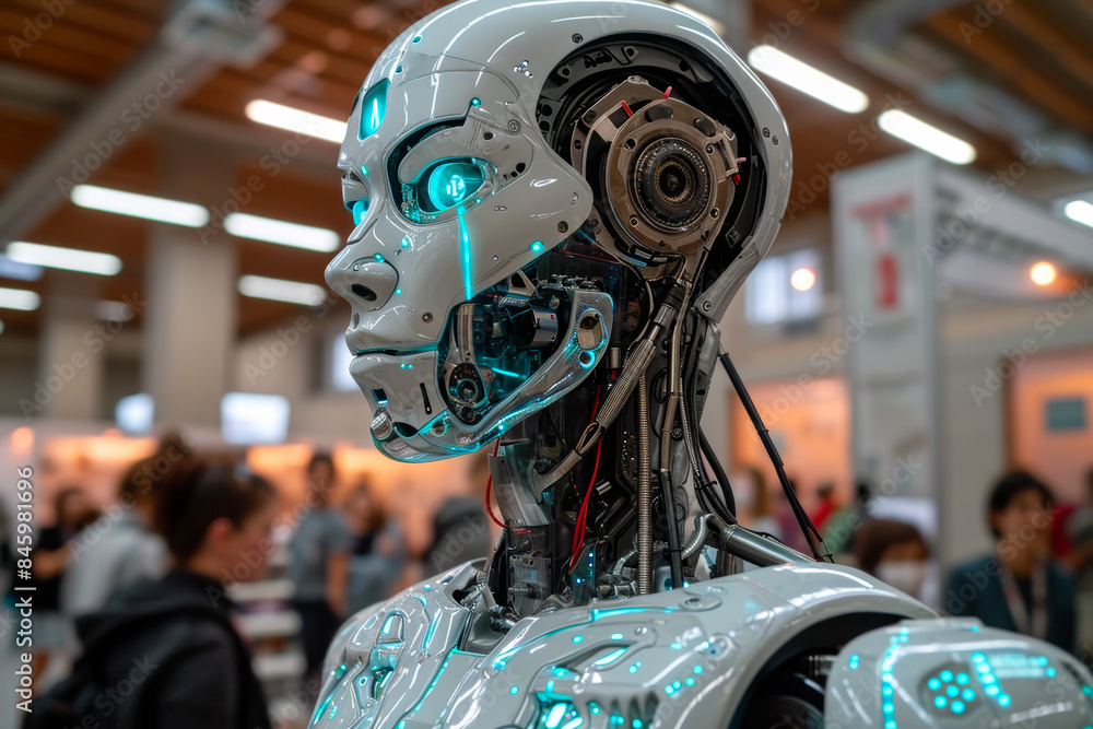 Aufkleber a robot with a green face stands in front of a crowd of people