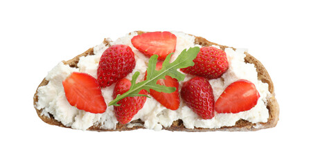 Delicious ricotta bruschetta with strawberry and arugula isolated on white, top view