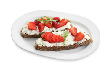 Delicious ricotta bruschettas with strawberry and arugula isolated on white