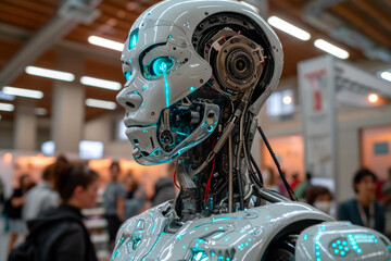 Fototapeta premium A robot with a green face stands in front of a crowd of people