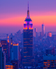 Obraz premium The Empire State Building is lit up at night, creating a beautiful