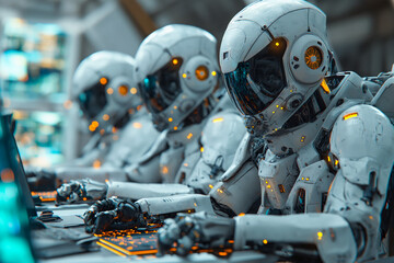 Fototapeta premium Three robots are sitting at a computer