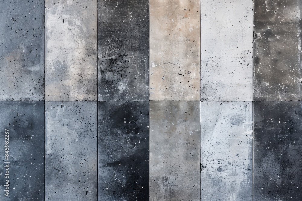 Poster concrete wall is composed of rectangular tiles, creating a pattern of various shades of grey. the di