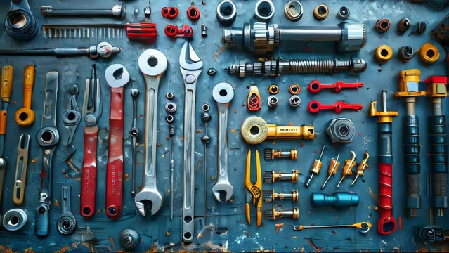 Organized collection tools and equipment on a pegboard in a mechanic garage, with orange accents and various wrenches, screwdrivers, and gauges