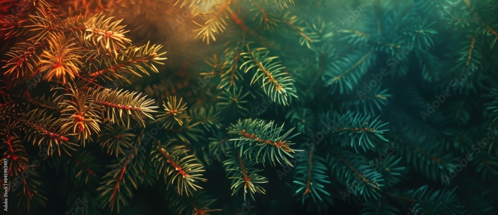 Poster close-up of lush evergreen fir branches illuminated by warm and cool light, creating a festive chris
