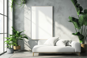 Modern living room with blank poster on the wall, home decor concept, mockup.