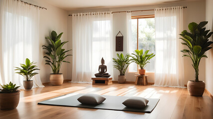 Serene and calming indoor space designed for meditation and mindfulness. Cushions and a yoga mat are arranged on a wooden floor.