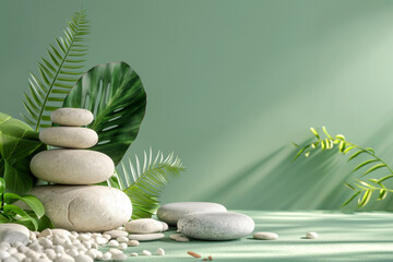 Spa scene with stacked stones and green leaves on a calm background, spa concept