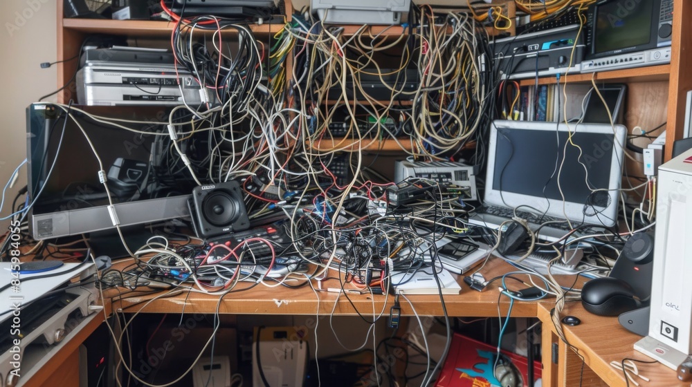 Poster a cluttered computer desk with a tangled mess of wires and cords. there are multiple electronic devi