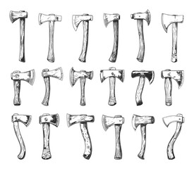 Engraving Style Lumberjacks Axes Icons Set. Hand Drawn Simple Style Black Icons on White Background. Woodcutting Timber Logging Forestry Tool Equipment Illustration