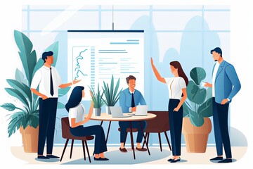 flat vector style illustration, a diverse group of people talking and collaborating