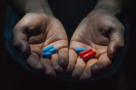 Hands with blue and red pills on dark background. Concept of choice