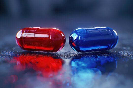 Red Pill Blue Pill concept. The right choice the concept of the movie matrix. The choice of tablets.