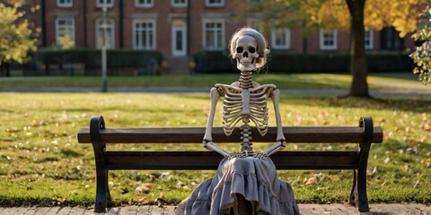 skeleton woman with hair and in skirt sits gracefully on a park bench, absorbed in a book, her bony fingers delicately turning each page, as if lost in the timeless allure of literature's embrace