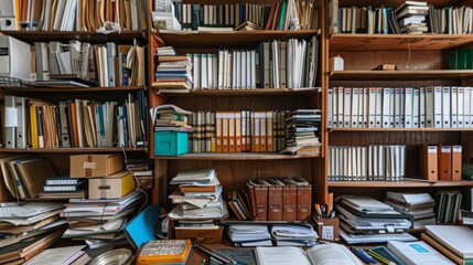A bookshelf overflowing with books, folders, and other office supplies. The shelves are packed tight, and papers are scattered across the desk.