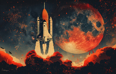 Fototapeta premium the image a decided by two part left side part and right side part .a vector retro style design on the left side showcasing a space rocket.generative ai