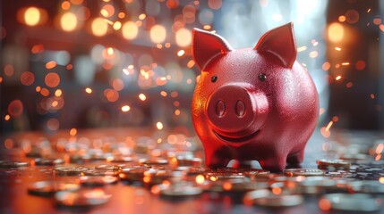 A shiny red piggy bank surrounded by scattered coins with sparkling bokeh background