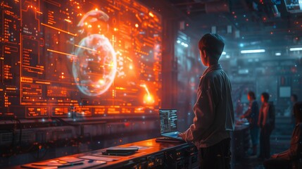 A student in a futuristic classroom watches a holographic teacher give a lesson.