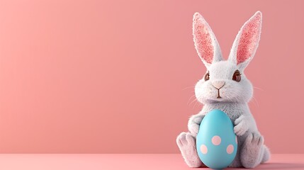Fototapeta premium Decorative bunny and blue easter egg on pink background