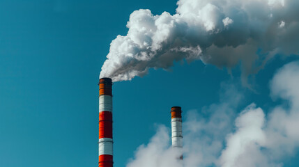 Industrial smokestacks releasing plumes of smoke. Factory pipes against blue sky