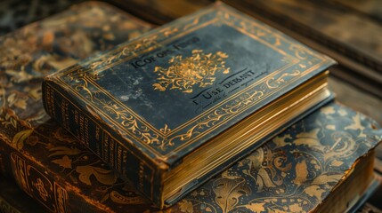 A close-up view of an antique book with a worn leather cover and gold detailing
