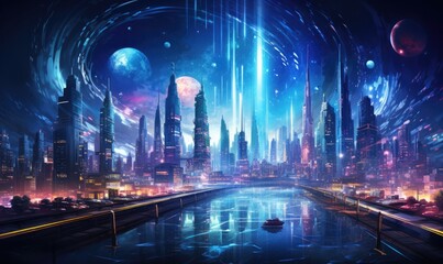 Futuristic Cityscape with Bright Lights and Celestial Bodies
