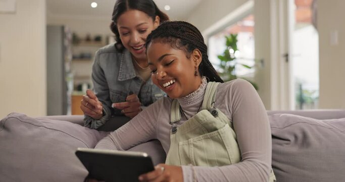 Girl, friends and funny with tablet on sofa for social media meme, online video or laughing for text message in home. Gen z, people and comedy on digital app in lounge for gossip site and comic post