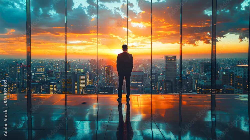 Poster a man in a suit is looking out of a window at a city. he is holding a clipboard and he is focused on