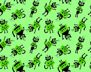 Halloween animals seamless cats and pumpkins pattern for wrapping paper